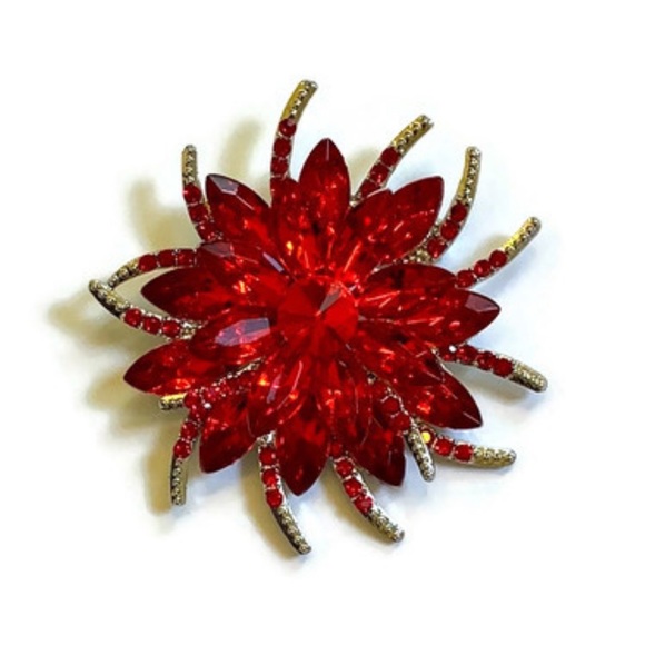 Large Red Rhinestone Flower Brooch - Picture 3 of 14